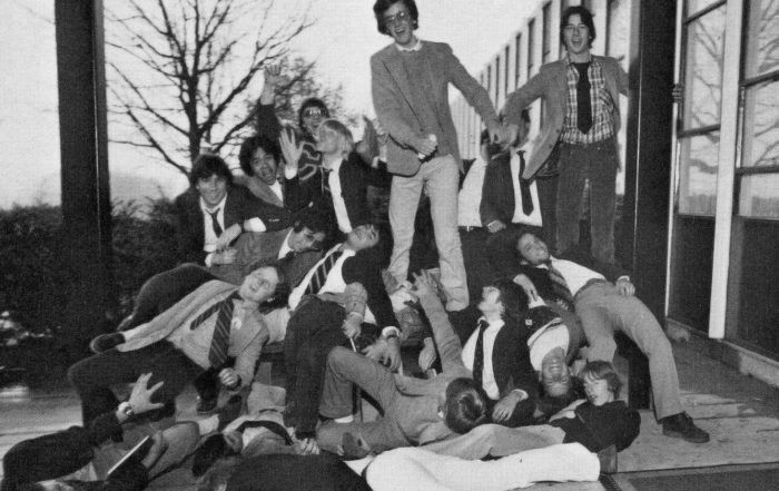 Watch out for April Fools this month, including this cast of ragamuffins from Calvert Hall College HS (Towson, MD), who mysteriously seem to have found plenty of slippery ice and banana peels on the school sidewalks. (1981 yearbook, p. 143)