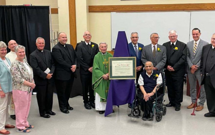 Pictured left to right: Sr. Jeanne Weisbeck, Sr. Barbara Jean Donovan, Deacon Joe Casper, Fr. Tom Ryan, Fr. John Manno, Br. Richard Galvin, Msgr. Ron Bill, John Marshall, AFSC, Br. Gabe Fiumano, John Sindoni, AFSC, Br. Dennis Lee, Mr. Matt Keough, Br. Joe Jozwiak